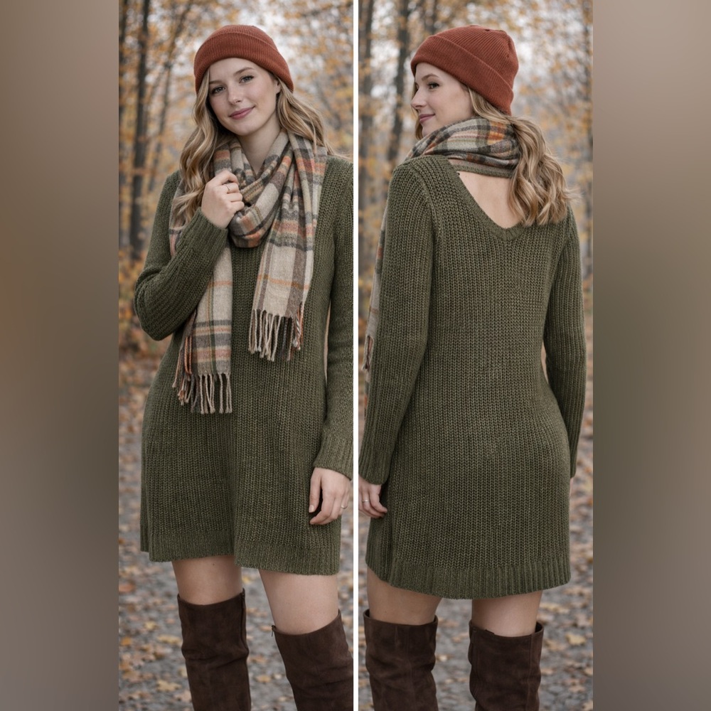 Charlotte Russe Sweater Dress Womens M Olive Green Chunky Knit V Back Tunic Fall